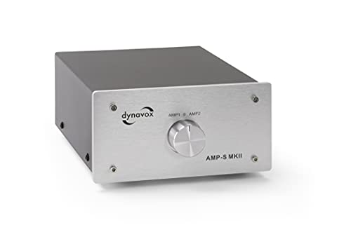 Dynavox AMP-S MKII - Conmutador de amplificador y caja de metal para amplificador est茅reo y envolvente, conexi贸n a trav茅s de conector banana o conector de sujeci贸n, color plateado