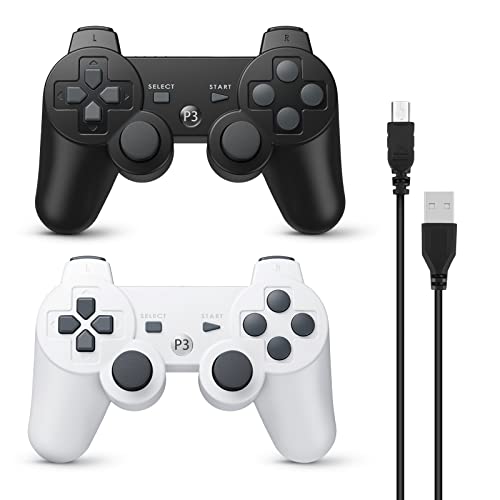 Powerextra Mando Inalámbrico para PS3, 2 Pack Wireless Bluetooth Six-Axis Playstation 3 Gamepad Joystick Controlador con Doble Vibración Recargable Controller con Cable para PS-3(Negro&Blanco)