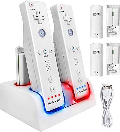 TechKen Wii Controller Charger, Estaci贸n de Carga para 2 Mandos de Wii y 2 Akkus Wii Wiimote Charging Station con 4 Bater铆as de 2800MAH (White)