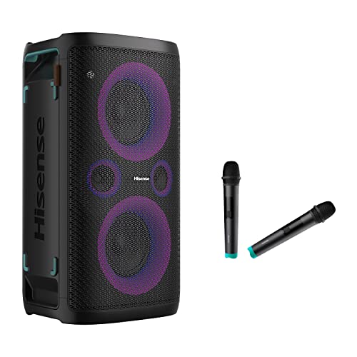 Hisense HP110 Party Rocker One Plus Altavoz para Fiestas con 2 MicrÃ³fonos para Karaoke, Bluetooth, Sonido Potente, 300W, 15 Horas de reproducciÃ³n, IPX4 Panel, Efecto DJ, 5 Modos de mÃºsica, TWS
