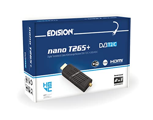 EDISION Nano T265+ Receptor dongle HDMI Terrestre TDT DVB-T2 y por Cable DVB-C, H265 HEVC, FTA, Full HD, PVR, USB, HDMI, Sensor IR, Soporte USB WiFi, Mando a Distancia Universal 2en1