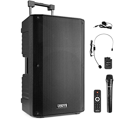 Vonyx VSA700-BP Altavoz portatil 15 Pulgadas y 1000w con baterÃ­a, 3 micrÃ³fonos inalÃ¡mbricos, Bluetooth 5.0, MP3, Amplificador Incorporado, Ideal presentaciones, conferencias, mÃºsicos, DJ, Fiestas
