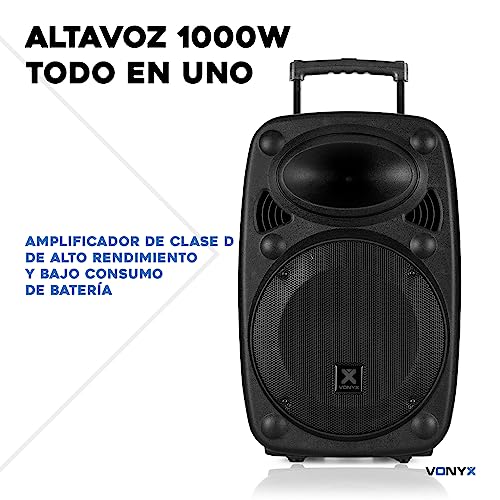 VONYX Verve46 Altavoz Bluetooth Potente 1000w, Altavoz autoamplificado portatil con microfono Karaoke, Bluetooth Speaker USB, SD, MP3, AUX, 2 microfonos UHF, Mando a Distancia, Subwoofer 15