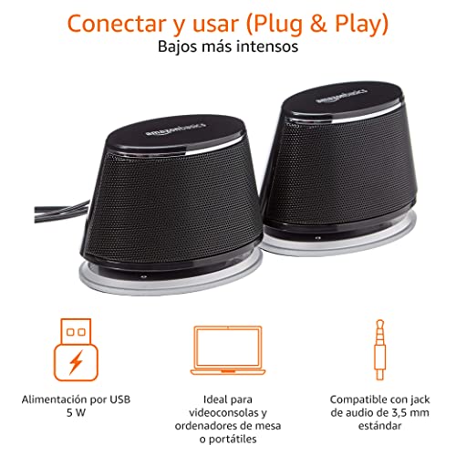 Amazon Basics - Altavoces para ordenador alimentados por USB con sonido dinÃ¡mico , negros, juego de 1