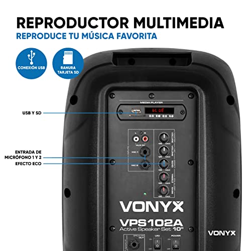 Vonyx VPS102A Altavoces autoamplificados Pack de 2 Altavoces Activos Bluetooth portÃ¡tiles de 600W, 10 Pulgadas, con micrÃ³fono con Cable, Control Remoto, TrÃ­podes, Reproductor MP3 con USB y SD, Leds