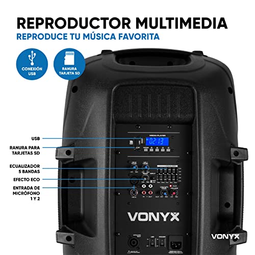 Vonyx VPS152A Altavoces autoamplificados Pack de 2 Altavoces Activos Bluetooth portÃ¡tiles de 1000W, 15 Pulgadas, con micrÃ³fono con Cable, Control Remoto, TrÃ­podes, Reproductor MP3 con USB y SD, Leds