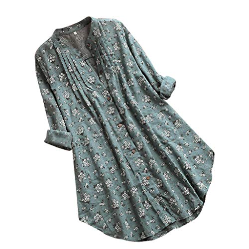 Chaconka Camisa de manga larga, estampado floral plisado con cuello en V, para mujer, talla grande, de algodÃ³n y lino, informal, con botones, corto, mujer, vintage, estilo vintage, verde, XL