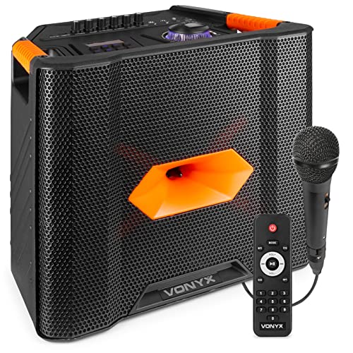 Vonyx ROCK300 Altavoz con microfono autoamplificado portatil - Altavoz Bluetooth Potente de 180 W, subwoofer de 8 Pulgadas con bateria, microfono y Mando a Distancia.